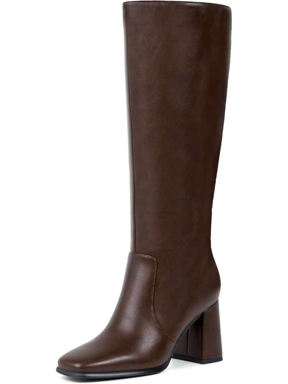 Women's Retro Brown Wide Calf Square Toe Chunky Heel Knee High Gogo Boot Shoes